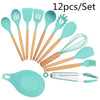 (free home deliver) 12 Pcs Silicone & Heat Resistant Spoons Set with Long Wooden Handle Kitchen Utensils Set